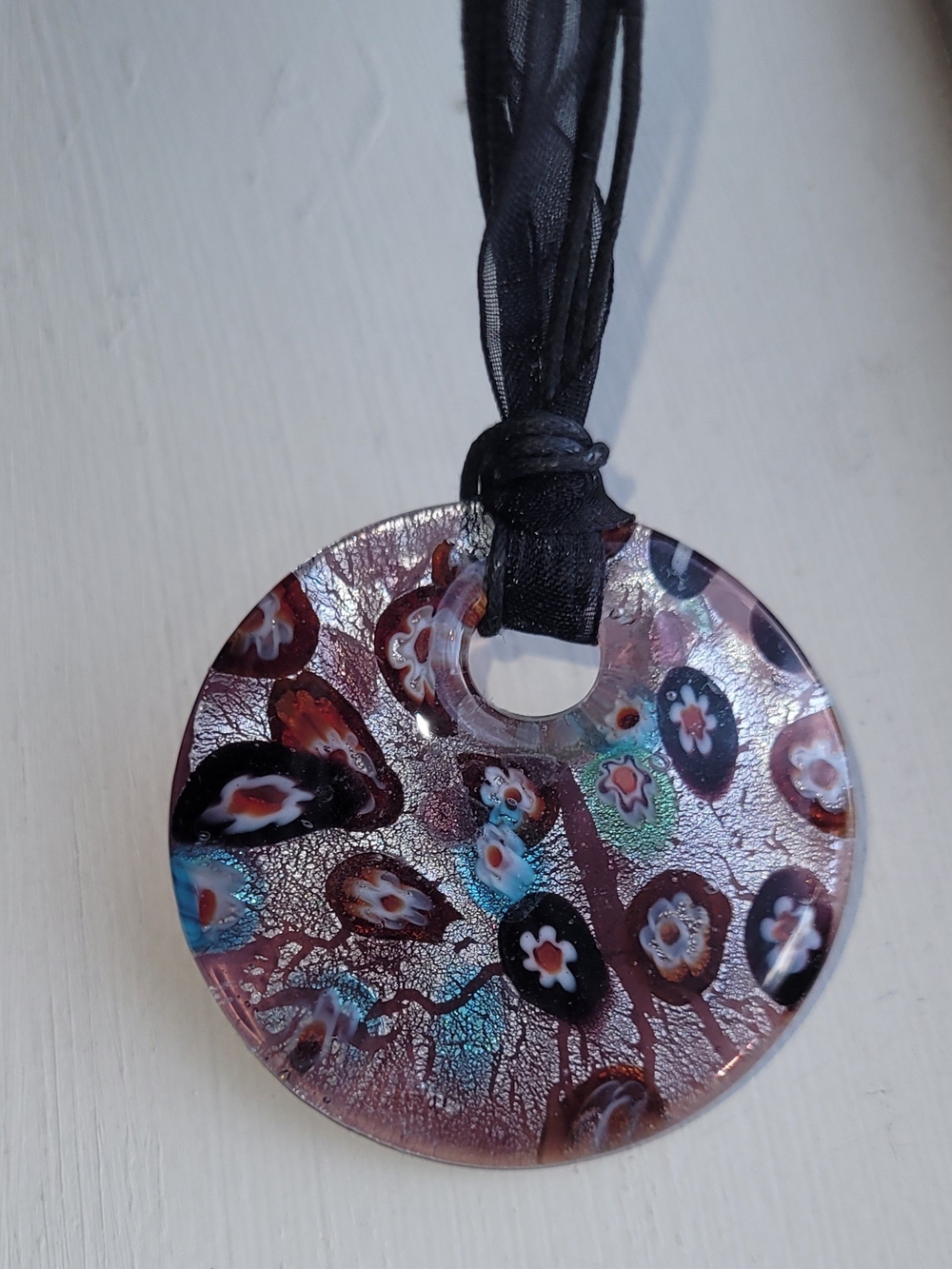Artisan Murano-Style Round Glass Pendant Necklace in Iridescent Purple